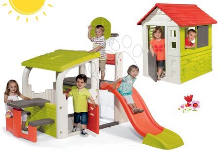 Hračky pre dievčatá - Set hracie centrum Fun Center Smoby so šmykľavkou dlhou 150 cm a domček Nature so zasúvacou okenicou od 24 mes
