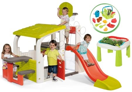 Hračky pre dievčatá - Set hracie centrum Fun Center Smoby so šmykľavkou dlhou 150 cm a stôl Záhradník De Jardinage 2v1