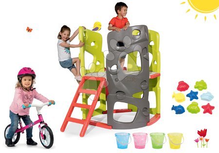 Hračky pre dievčatá - Set preliezačka Multiactivity Climbing Tower Smoby na šplhanie so šmykľavkou a balančné odrážadlo First Bike so 4 vedierkami a zmrzlinou od 24 mes