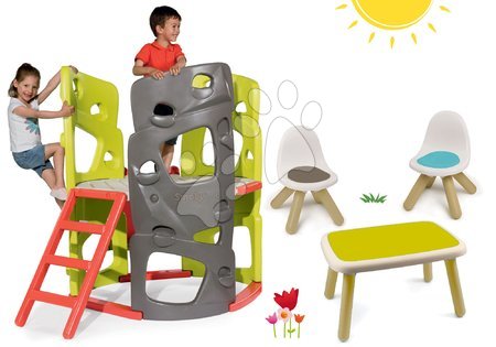 Hračky a hry na záhradu - Set preliezačka Multiactivity Climbing Tower na šplhanie so šmykľavkou Smoby a stôl s dvoma stoličkami