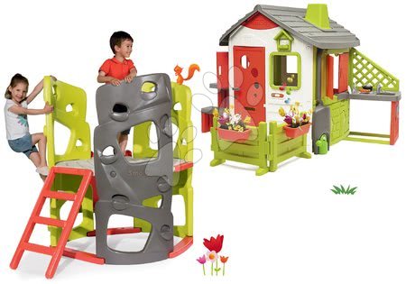 Hračky a hry na záhradu - Set preliezačka Multiactivity Climbing Tower na šplhanie so šmykľavkou Smoby a domček Neo Jura Lodge s nadstavbovým riešením