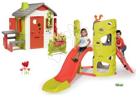 Igrače za otroke od 2. do 3. leta - Komplet plezalo Multiactivity Climbing Tower s plezalnimi stenami in toboganom Smoby in hišica Neo Jura Lodge z razširitvami