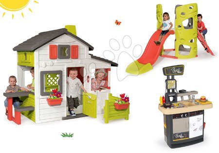 Jucării și jocuri pentru grădină - Set centru de căţărat Multiactivity Climbing Tower Smoby cu 3 pereți de cățărat și tobogan și căsuță Prieteni cu grădinuță și bucătărie de la 24 de luni