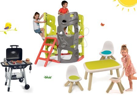 Hračky a hry na záhradu - Set preliezačka Multiactivity Climbing Tower Smoby na šplhanie so šmykľavkou a 3 stoličky so stolčekom a grilom od 24 mes