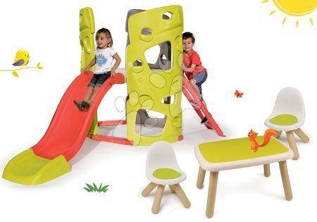 Jucării și jocuri pentru grădină - Set centru de cățărat Multiactivity Climbing Tower Smoby cu perete de cățărat și tobogan și 2 scăunele și măsuță KidChair de la 24 de luni