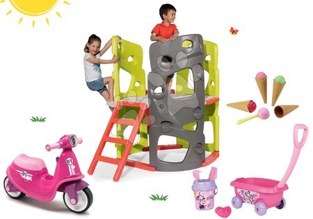 Hračky pre dievčatá - Set preliezačka Multiactivity Climbing Tower Smoby s 3 lezeckými stenami so šmykľavkou a odrážadlo s gumenými kolesami a vozík so zmrzlinou od 24 mes
