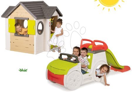 Játékok 1 - 2 éves gyerekeknek - Szett mászóka Adventure Car Smoby csúszdával hossza 150 cm és házikó My House 24 hó-tól