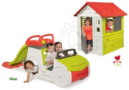 Hračky pre deti od 1 do 2 rokov - Set preliezačka Adventure Car Smoby so šmykľavkou dlhou 150 cm a domček Nature od 24 mes