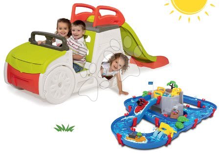 Hračky pre deti od 1 do 2 rokov - Set preliezačka Adventure Car Smoby so šmykľavkou a vodná dráha Aquaplay Mountain Lake od 24 mes