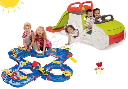 Igračke za djecu od 1 do 2 godine - Set penjalica Adventure Car Smoby s toboganom i vodena staza Aquaplay, od 24 mjeseca