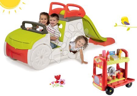 Hračky pre deti od 1 do 2 rokov - Set preliezačka Adventure Car Smoby so šmykľavkou a vozík so zmrzlinou od 24 mes