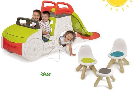 Igračke za djecu od 1 do 2 godine - Set penjalica Adventure Car Smoby s toboganom dužine 150 cm i stolić Piknik s dvije stolice KidChair Red od 24 mjes