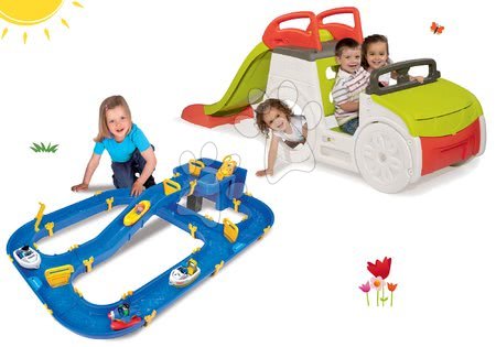 Játékok 1 - 2 éves gyerekeknek - Szett mászóka Adventure Car Smoby csúszdával hossza 150 cm és vizes játék Waterplay Niagara 24 hó-tól