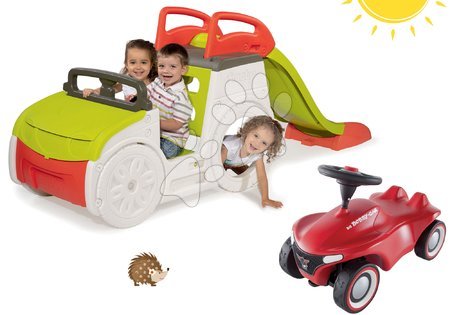 Igračke za djecu od 1 do 2 godine - Set penjalica Adventure Car Smoby s toboganom dužine 150 cm i guralica New Bobby s trubom od 24 mjes