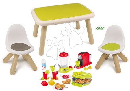 Hrací a piknikové stoly - Set stůl pro děti KidTable zelený Smoby se dvěma židlemi s UV filtrem a vaflovač s kávovarem a mixérem