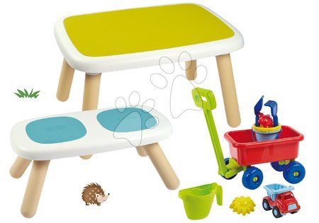 Dětský záhradní nábytek sety - Set stůl pro děti KidTable zelený Smoby s lavicí s UV filtrem a vozíkem na tahání