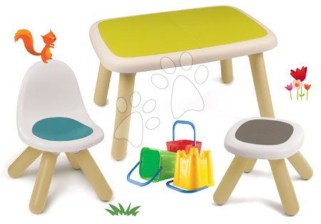 Dětský záhradní nábytek sety - Set stůl pro děti KidTable zelený Smoby se židlí a stolečkem s UV filtrem s kbelíkem do písku