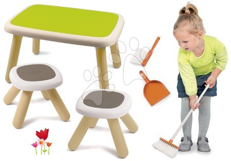 Hrací a piknikové stoly - Set stůl pro děti KidTable zelený Smoby se dvěma stolky s UV filtrem a smeták s lopatkou