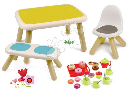 Dětský záhradní nábytek sety - Set stůl pro děti KidTable červený Smoby s lavicí, židlí s UV filtrem a čajovou soupravou s koláči
