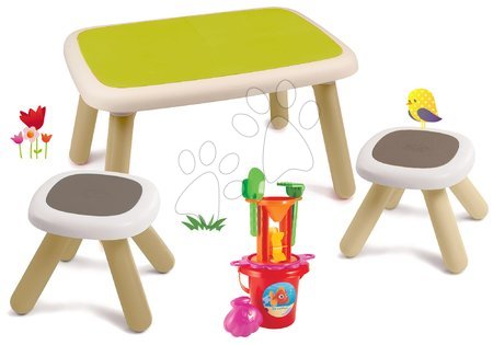 Dětský záhradní nábytek sety - Set stůl pro děti KidTable červený Smoby se dvěma stolky s UV filtrem a kbelík setem