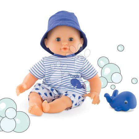 Igrače dojenčki od 18. meseca - Dojenček za kopanje Bebe Bath Marin Corolle z modrimi mežikajočimi očkami in kitom 30 cm od 18 mes