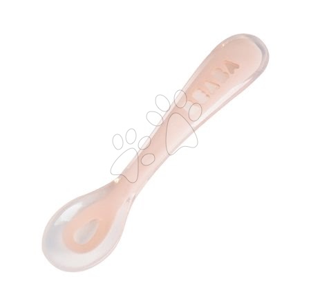 Jucării pentru bebeluși de la 3 la 6 luni - Linguriţă 2nd age training spoon Beaba Pink 13 cm din silicon moale pentru hrănire individuală roz