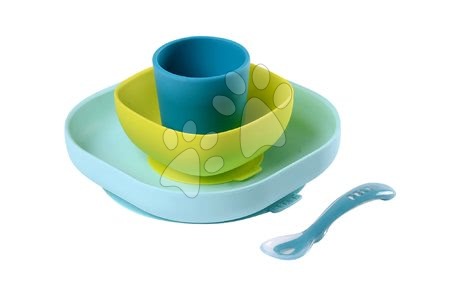 Dojčenské jedálenské potreby - Jedálenská súprava Meal set zo silikónu pre bábätká Beaba od 4 mesiacov modrá