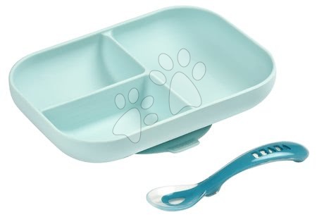 Jucării pentru bebeluși de la 3 la 6 luni - Tacâmuri pentru copii Beaba Silicone Blue 2-piese linguriță și furculiță albastră din silicon
