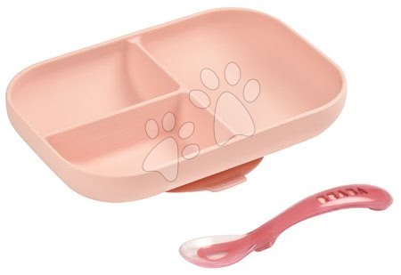 Dojčenské jedálenské potreby - Jedálenská súprava Silicone Pink Beaba 2-dielna zo silikónu miska a lyžička ružová od 4 mes