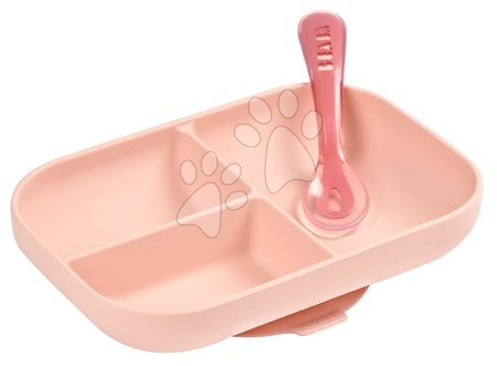 Dojčenské jedálenské potreby - Jedálenská súprava Silicone Pink Beaba 2-dielna zo silikónu miska a lyžička ružová od 4 mes_1
