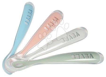 Prve žličice za djecu Beaba 4 komada od silikona – plava, ružičasta, siva i zelena od 4 mjeseca