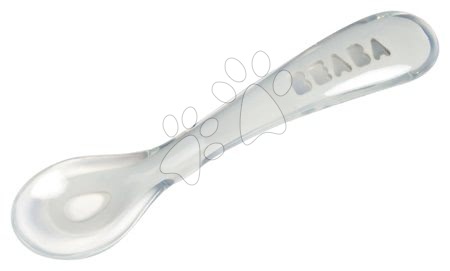 Príbory a lyžičky - Tréningová lyžička 2nd age Beaba Training Spoon Light Mist 13 cm z mäkkého silikónu na samostatné jedenie šedá od 8 mes