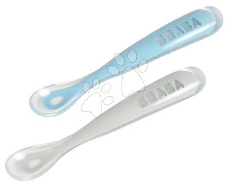 Sada 2 ergonomických lyžičiek Beaba 1st age Windy Blue Spoon 13 cm z mäkkého silikónu na samostatné jedenie modrá od 4 mes