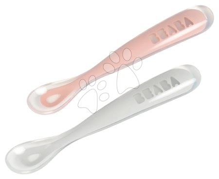 Set 2 ergonomskih žličk Beaba 1st age Pink Spoon 13 cm iz mehkega silikona za samostojno hranjenje rožnata od 4 mes