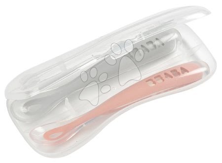 Príbory a lyžičky - Sada 2 ergonomických lyžičiek Beaba 1st age Pink Spoon 13 cm z mäkkého silikónu na samostatné jedenie ružová od 4 mes_1