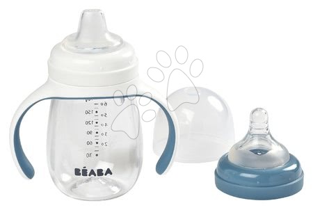 Jucării pentru bebeluși de la 3 la 6 luni - Sticla biberon bebeluși Beaba Learning Cup 2in1 Windy Blue 210 ml albastră cu pai de la 4 luni
