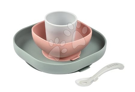 Dojčenské jedálenské potreby - Jedálenská súprava Beaba Silicone meal set zo silikónu 4 dielna ružovo-béžovo-šedá pre bábätká