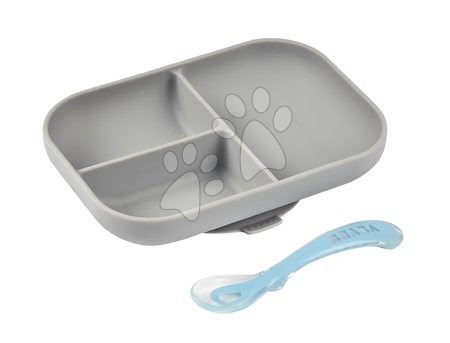 Dojčenské jedálenské potreby - Jedálenská súprava Silicone Grey Beaba 2-dielna tanier a vidlička šedá silikón