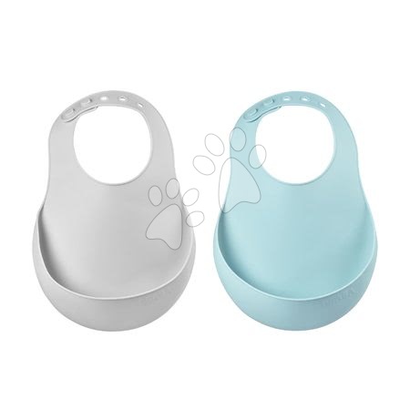 Jucării pentru bebeluși de la 3 la 6 luni - Bavețică pentru copii Silicone Bib Beaba Light Mist&Airy Green Beaba 2 bucăți din silicon moale și butoane pentru închidere de la 0 luni