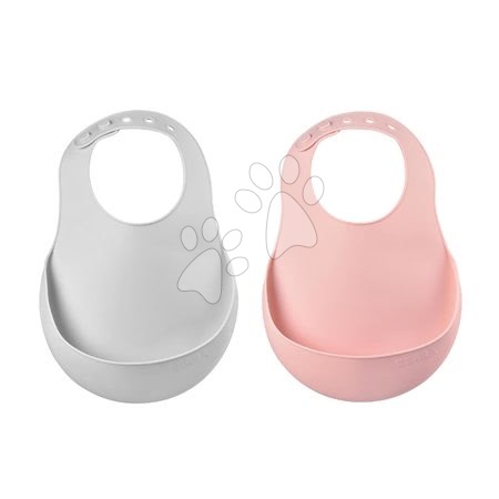 Dojčenské jedálenské potreby - Podbradníky pre deti Silicone Bib Beaba Light Mist & Old Pink Beaba 2 kusy z mäkkého silikónu a gombíkmi od 0 mes