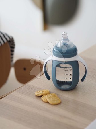 Dojčenské jedálenské potreby - Fľaša Bidon na učenie pitia 2v1 Learning Bottle 210ml Blue Beaba s modrým silikónovým obalom od 4 mes_1