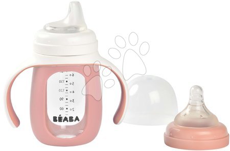 Jucării pentru bebeluși de la 3 la 6 luni - Sticlă pentru a învăța să bea 2in1 Learning Bottle 210ml Pink Beaba cu husă din silicon roz de la 4 luni