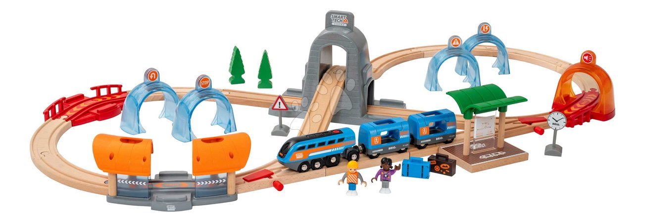 Holzeisenbahnen BRIO - Drevená vláčikodráha s interaktivnymi tunelmi Smart Tech Sound Action Tunnel Travel Set BRIO