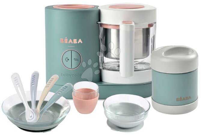 Beaba - Set aparat de gătit pe aburi și blender Babycook® Neo Eucalyptus cu set de masă, lingurițe și termos Beaba