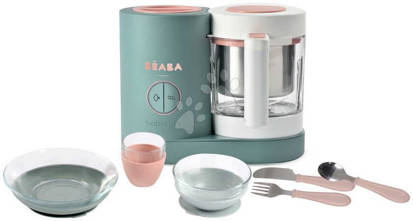 Beaba - Set aparat de gătit pe aburi și blender Babycook® Neo Eucalyptus cu set de masă și tacâmuri Beaba
