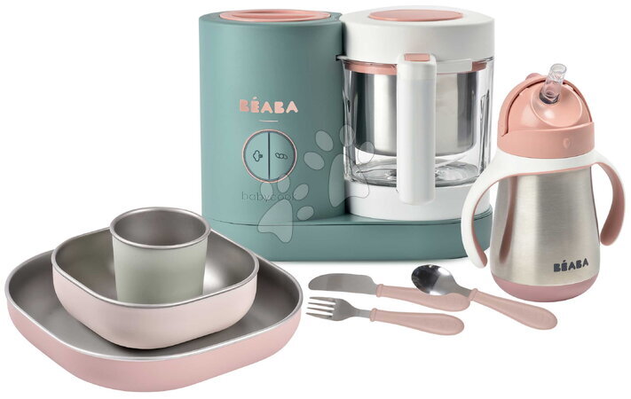 Beaba - Set aparat de gătit pe aburi și blender Babycook® Neo Eucalyptus cu set de masă, tacâmuri și biberon Beaba