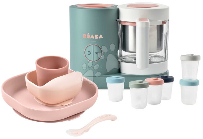 Beaba - Set aparat de gătit pe aburi și blender Babycook® Neo Eucalyptus cu set de masă, recipiente și husă termo Beaba