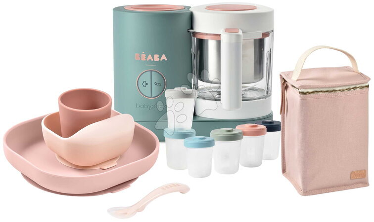Artículos para bebés - Set de robot de cocina al vapor y batidora Babycook® Neo Eucalyptus con vajilla infantil tarros de almacenamiento y bolsa iso