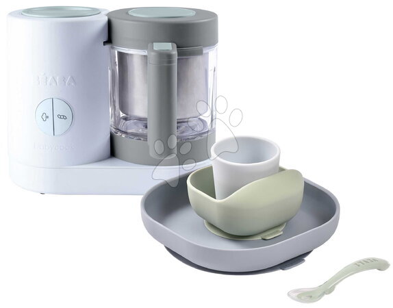 Beaba - Set aparat de gătit pe aburi și blender Babycook® Neo Grey White cu set de masă și accesoriu pentru orez Beaba