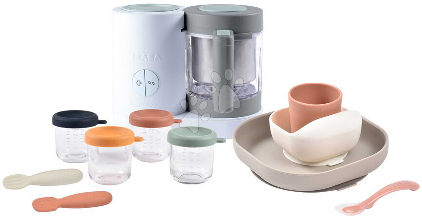 Beaba - Set aparat de gătit pe aburi și blender Babycook® Neo Grey White cu set de masă, lingurițe și recipiente Beaba
